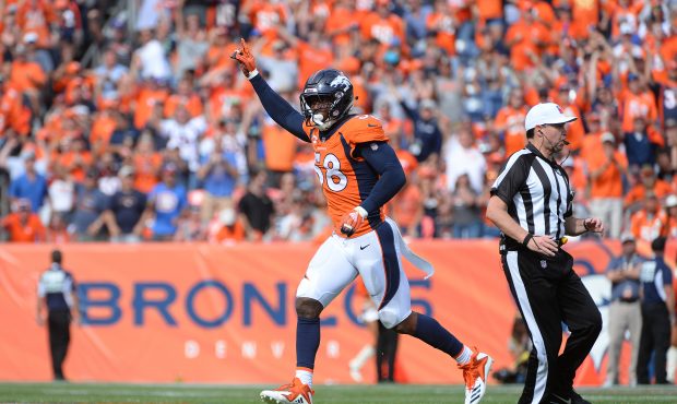 Linebacker Von Miller #58 of the Denver Broncos celebrates a sack against the Seattle Seahawks at B...