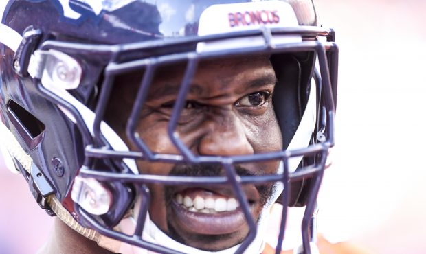 Von Miller (58) of the Denver Broncos prepares to take the field on a key possession agains the Oak...