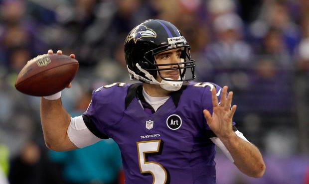 Quarterback Joe Flacco #5 of the Baltimore Ravens throws a pass during the second half against the ...