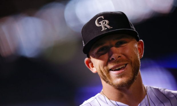 DENVER, CO - SEPTEMBER 5:  Trevor Story #27 of the Colorado Rockies smiles after the Rockies 5-3 wi...