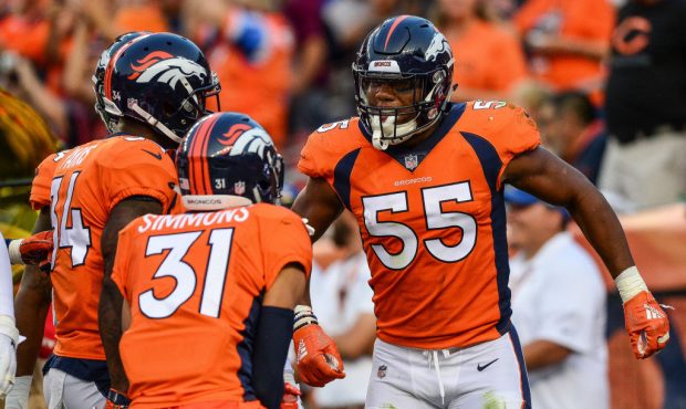 DENVER, CO - AUGUST 18:  Linebacker Bradley Chubb #55 of the Denver Broncos celebrates with defensi...