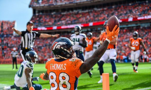 DENVER, CO - SEPTEMBER 9:  Wide receiver Demaryius Thomas #88 of the Denver Broncos appeals to the ...
