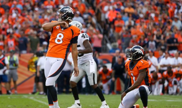 DENVER, CO - SEPTEMBER 16:  Kicker Brandon McManus #8 of the Denver Broncos kicks a game-winning fi...