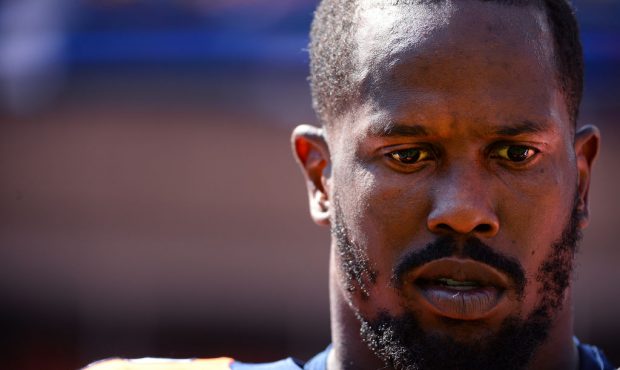 DENVER, CO - SEPTEMBER 9:  Linebacker Von Miller #58 of the Denver Broncos stands for the National ...