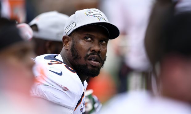 Linebacker Von Miller #58 of the Denver Broncos looks toward the scoreboard during the second quart...