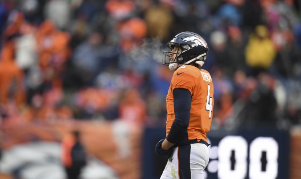 Denver Broncos Case Keenum #4 walks onto the field as the Broncos take on the Los Angeles Rams, at ...