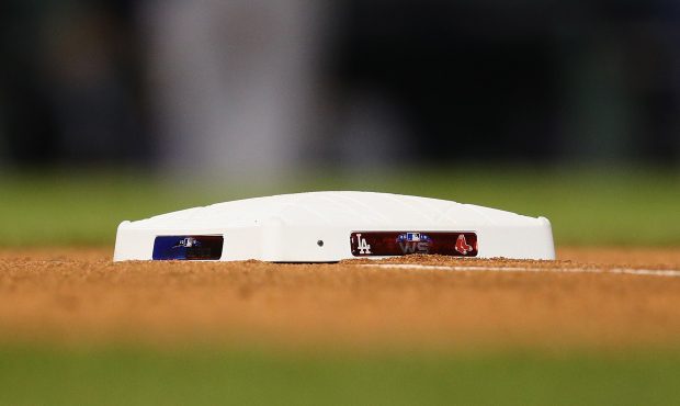 A detail of the base prior to Game One of the 2018 World Series between the Boston Red Sox and the ...