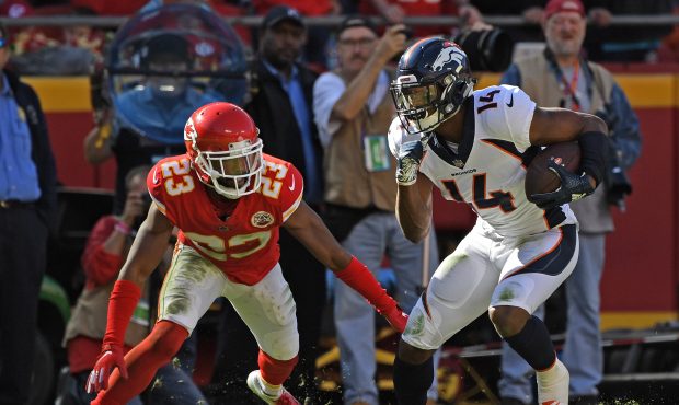 Wide receiver Courtland Sutton #14 of the Denver Broncos runs up field during the second half again...