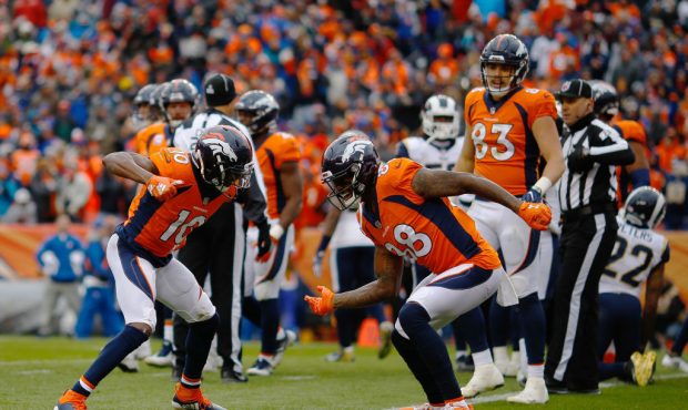 DENVER, CO - OCTOBER 14:  Wide receiver Emmanuel Sanders #10 of the Denver Broncos celebrates his t...