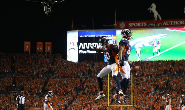 DENVER, CO - OCTOBER 24:  Wide receiver Demaryius Thomas #88 of the Denver Broncos celebrate a touc...