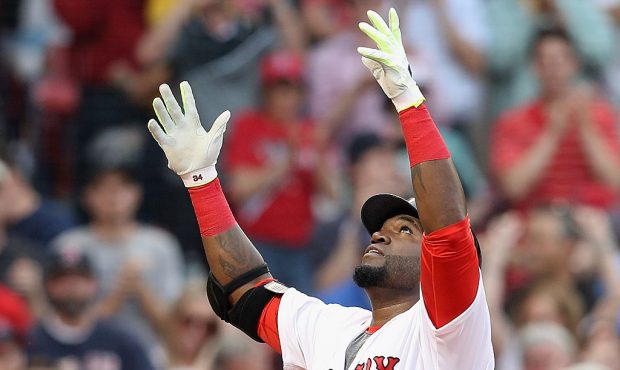 BOSTON, MA - MAY 26:  David Ortiz #34 of the Boston Red Sox celebrates after hitting a two run home...