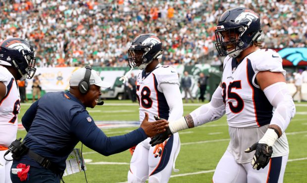 EAST RUTHERFORD, NEW JERSEY - OCTOBER 07:  Head coach Vance Joseph of the Denver Broncos celebrates...