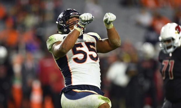 Bradley Chubb #55 of the Denver Broncos celebrates his sack of Josh Rosen #3 of the Arizona Cardina...