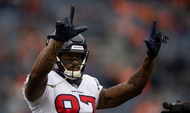 Wide receiver Demaryius Thomas #87 of the Houston Texans stands on the field during warm ups before...