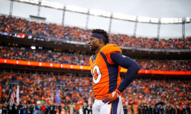 DENVER, CO - NOVEMBER 4:  Wide receiver Emmanuel Sanders #10 of the Denver Broncos stands on the si...