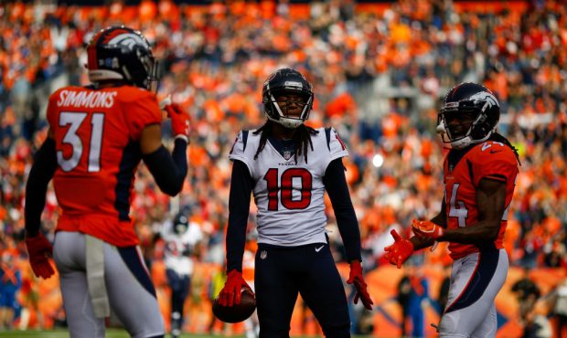 DENVER, CO - NOVEMBER 4:  Wide receiver DeAndre Hopkins #10 of the Houston Texans reacts after scor...