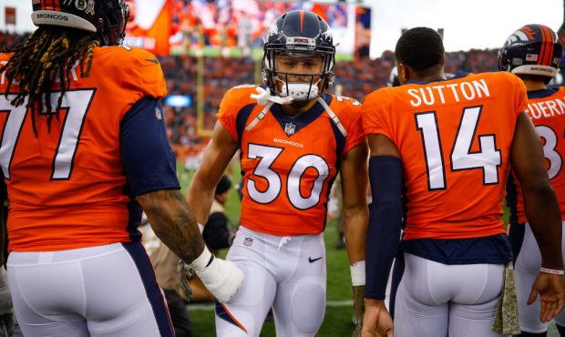 DENVER, CO - NOVEMBER 4:  Running back Phillip Lindsay #30 of the Denver Broncos runs onto the fiel...