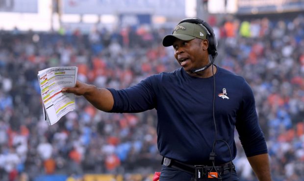 CARSON, CA - NOVEMBER 18:  Head coach Vance Joseph of the Denver Broncos argues with the officials ...