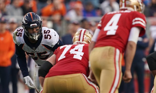 Bradley Chubb #55 of the Denver Broncos lines up against the San Francisco 49ers during their NFL g...