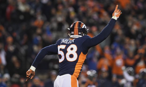 Von Miller (58) of the Denver Broncos celebrates sacking Baker Mayfield (6) of the Cleveland Browns...
