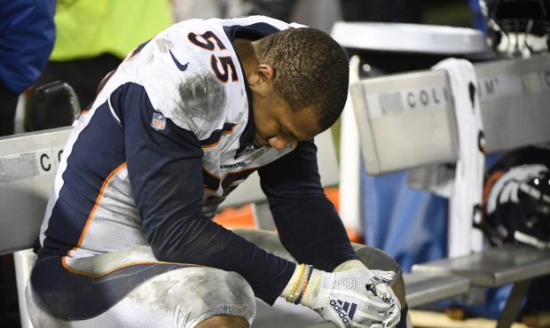 Denver Broncos outside linebacker Bradley Chubb (55) on the bench late in the fourth quarter agains...