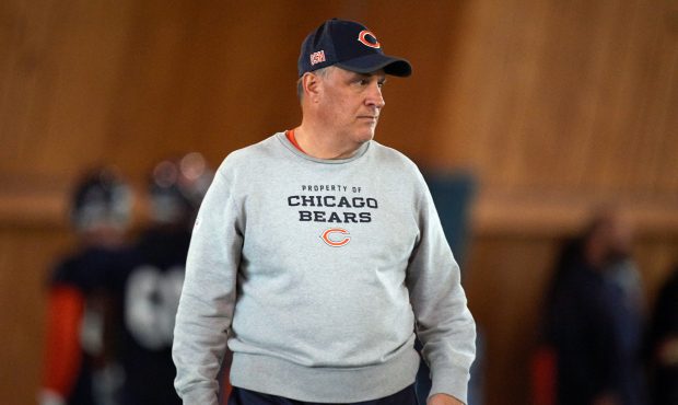 Chicago Bears defensive coordinator Vic Fangio looks on during the Chicago Bears Rookie Minicamp on...