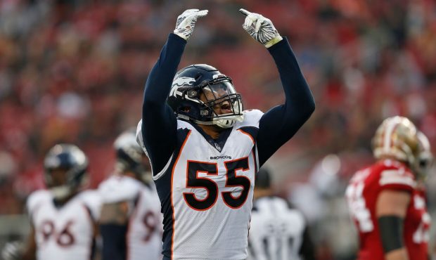 SANTA CLARA, CA - DECEMBER 09: Bradley Chubb #55 of the Denver Broncos gets the crowd pumped up dur...