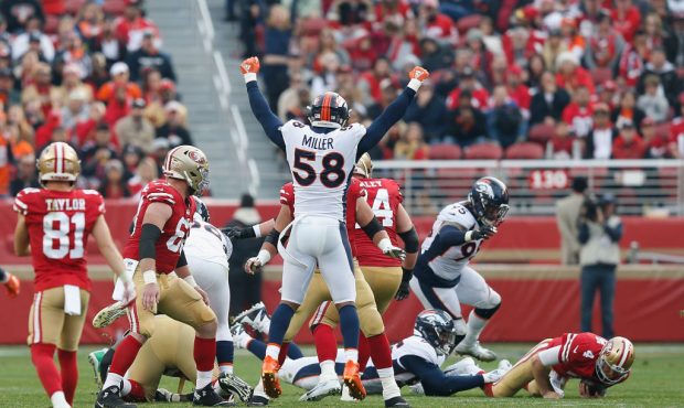 SANTA CLARA, CA - DECEMBER 09: Von Miller #58 of the Denver Broncos reacts to a sack on quarterback...