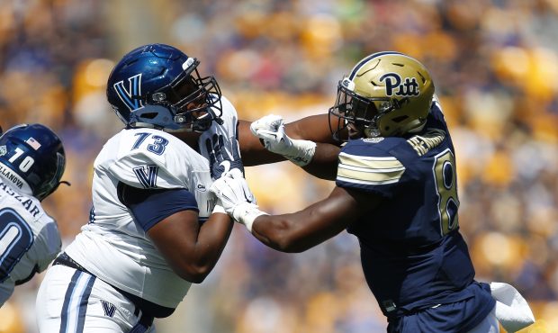 Dewayne Hendrix #8 of the Pittsburgh Panthers in action during the game against Ethan Greenidge #73...