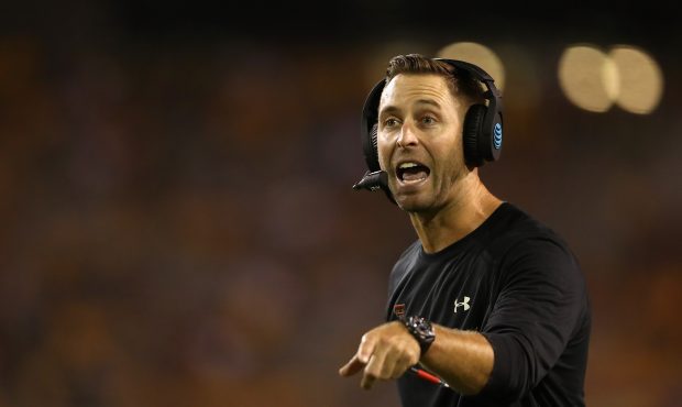 Head coach Kliff Kingsbury of the Texas Tech Red Raiders reacts on the sidelines during the first h...