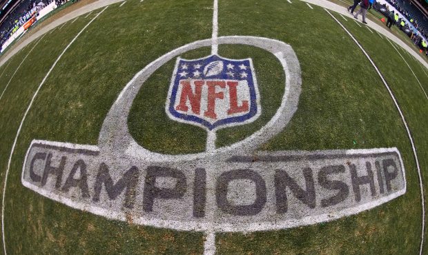 A detailed view of the NFL crest and the NFL Championship logo are seen during the NFC Championship...