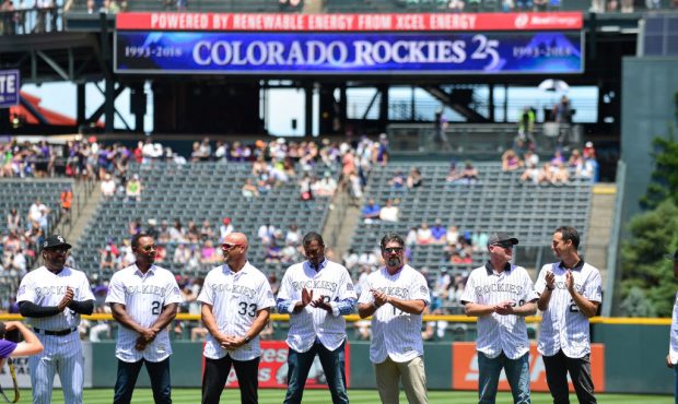 DENVER, CO - JUNE 23: Current and former Colorado Rockies players Including Larry Walker, Todd Helt...
