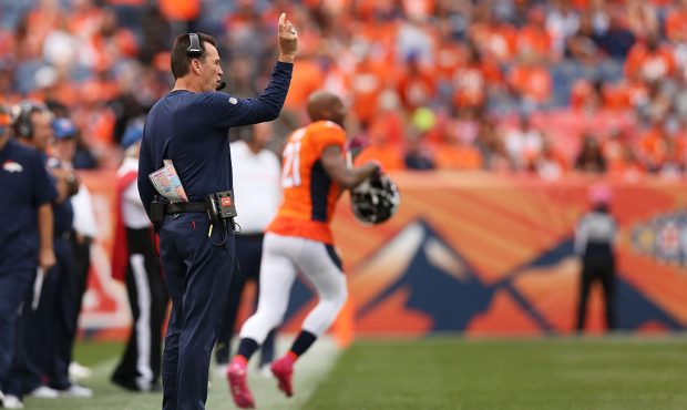 DENVER, CO - OCTOBER 9:  Head coach Gary Kubiak of the Denver Broncos gestures during the game agai...