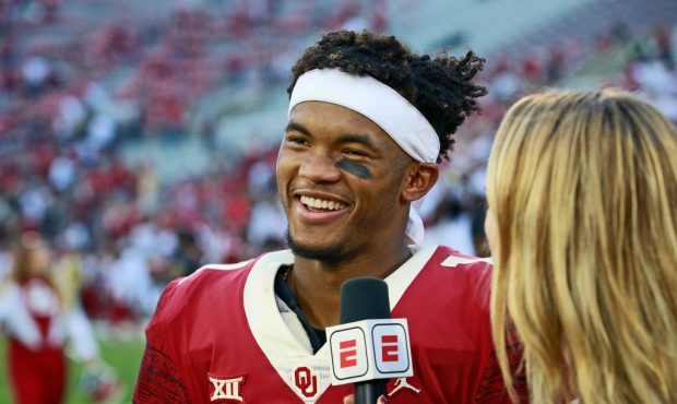 NORMAN, OK - SEPTEMBER 29: Quarterback Kyler Murray #1 of the Oklahoma Sooners speaks to the media ...