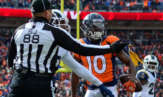 DENVER, CO - OCTOBER 14:  Wide receiver Emmanuel Sanders #10 of the Denver Broncos celebrates after...