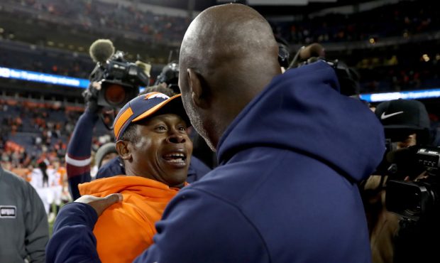 DENVER, COLORADO - DECEMBER 30: Head coach Vance Joseph of the Denver Broncos and head coach Anthon...