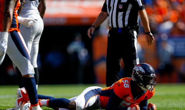 DENVER, CO - SEPTEMBER 16:  Linebacker Von Miller #58 of the Denver Broncos celebrates by crawling ...
