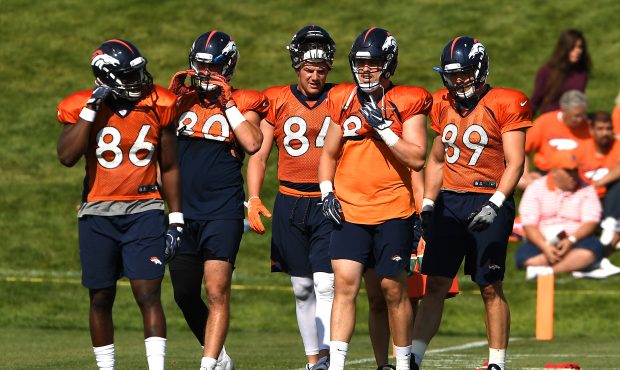 Tight end Troy Fumagalli #84 heads for the next drill with the tight ends on day 3 of Denver Bronco...
