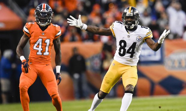 Antonio Brown (84) of the Pittsburgh Steelers looks for a pass interference call after missing a ca...