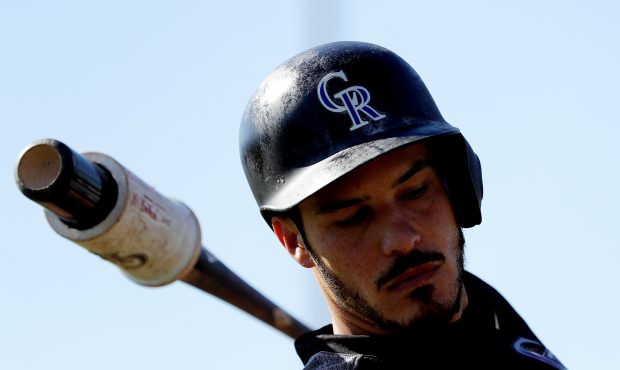 Nolan Arenado #28 of the Colorado Rockies warms up during a workout on Wednesday, February 20, 2019...
