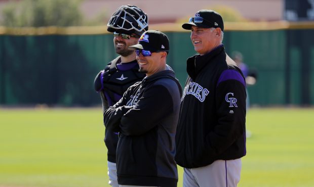 Manager Bud Black #10 of the Colorado Rockies looks on during a workout on Wednesday, February 20, ...