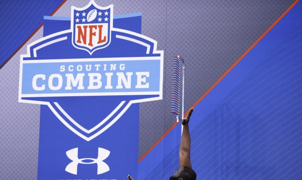 General view as a player participates in the vertical jump during the 2013 NFL Scouting Combine at ...