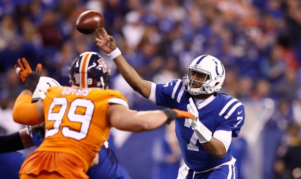 Jacoby Brissett #7 of the Indianapolis Colts throws a pass against the Denver Broncos during the se...