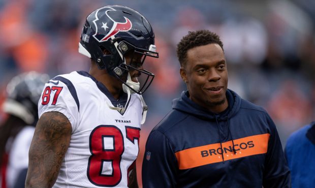 DENVER, CO - NOVEMBER 4:  Wide receiver Demaryius Thomas #87 of the Houston Texans talks with insid...