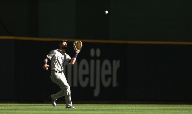 MILWAUKEE, WI - OCTOBER 04:  David Dahl #26 of the Colorado Rockies makes a catch for an out in the...