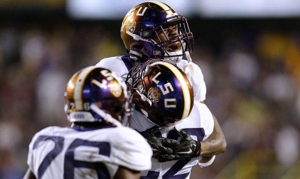 BATON ROUGE, LA - OCTOBER 20: Greedy Williams #29 of the LSU Tigers and Kristian Fulton #22 celebra...