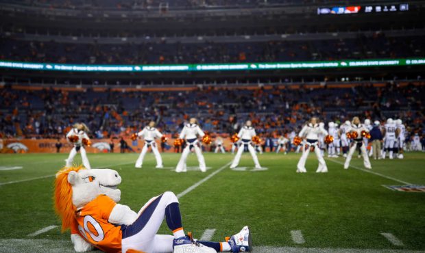 DENVER, CO - DECEMBER 30:  Denver Broncos mascot Miles watches from the sideline as cheerleaders pe...