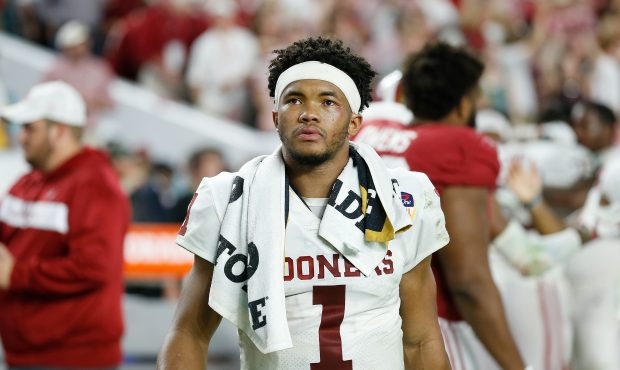 Kyler Murray #1 of the Oklahoma Sooners reacts after losing to the Alabama Crimson Tide in the Coll...
