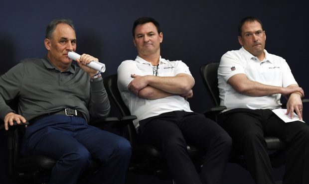 Vic Fangio Denver Broncos Head Coach, Rich Scangarello Offensive Coordinator and Tom McMahon Specia...