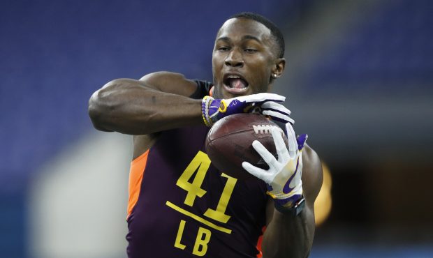 Linebacker Devin White of LSU works out during day four of the NFL Combine at Lucas Oil Stadium on ...